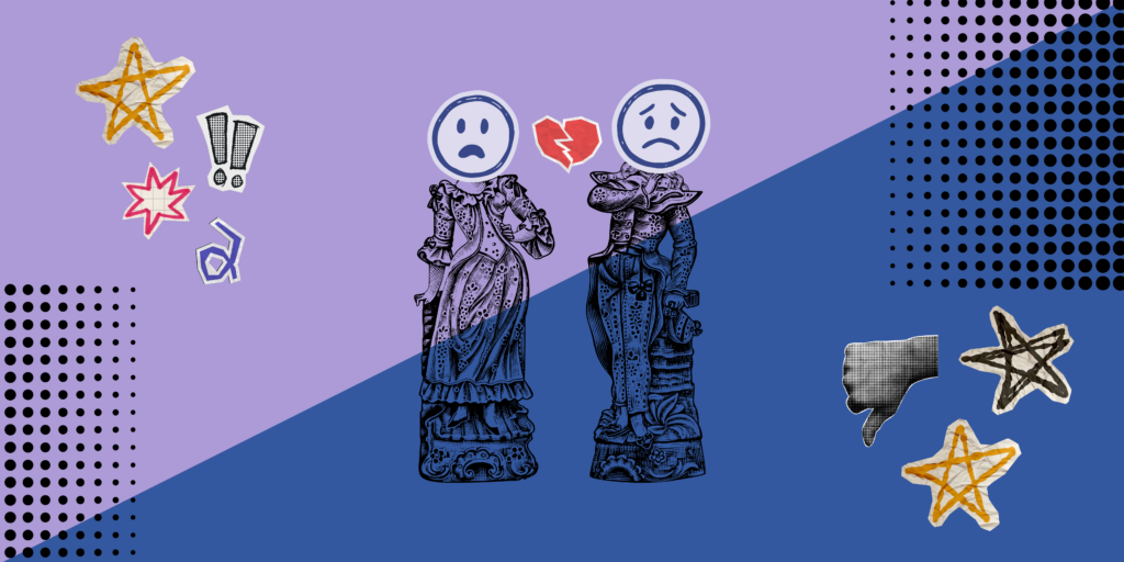 Un collage de deux statues aux visages tristes avec un cœur brisé entre elles.