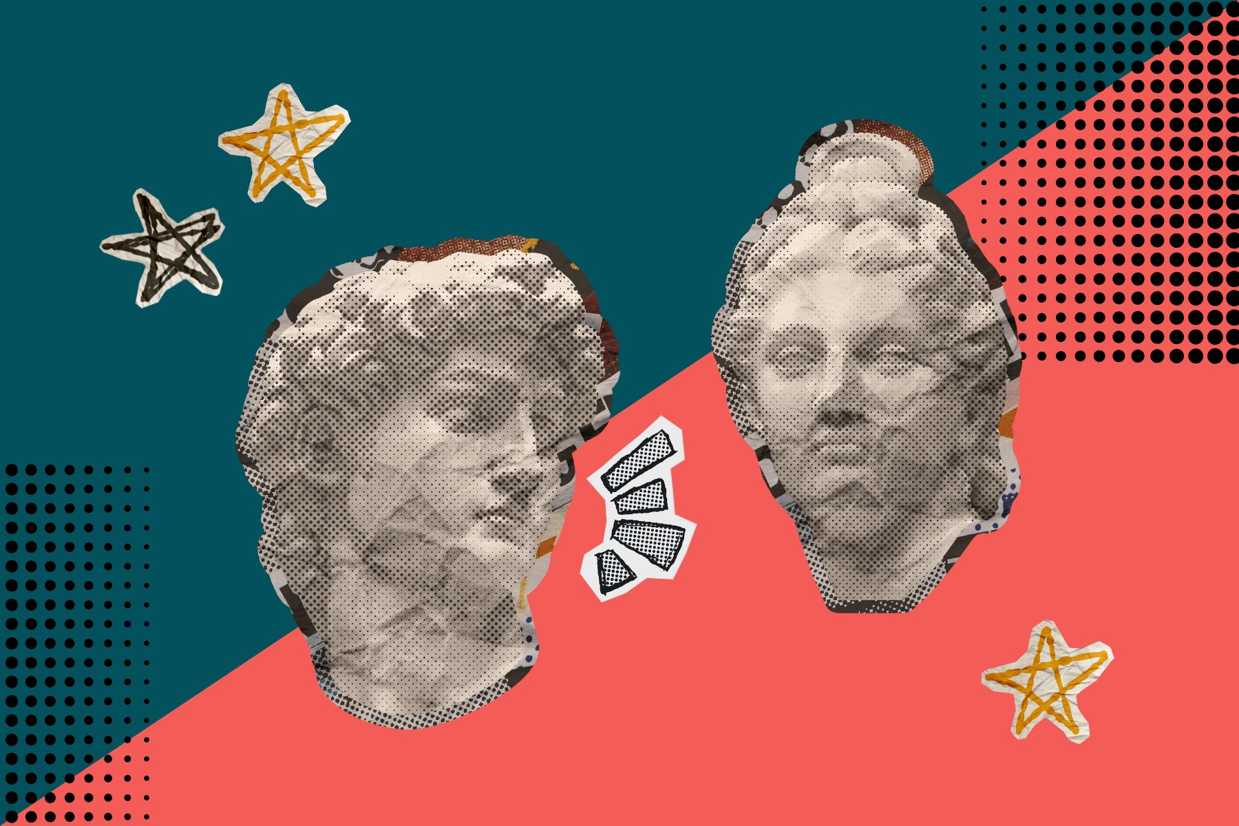 Deux têtes de statues qui se parlent.