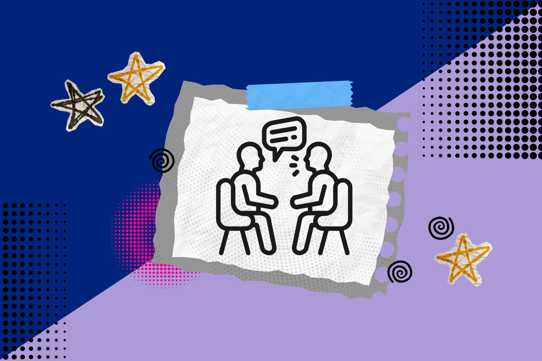 Un collage de deux personnes en train de parler, entourées d’étoiles et de spirales.