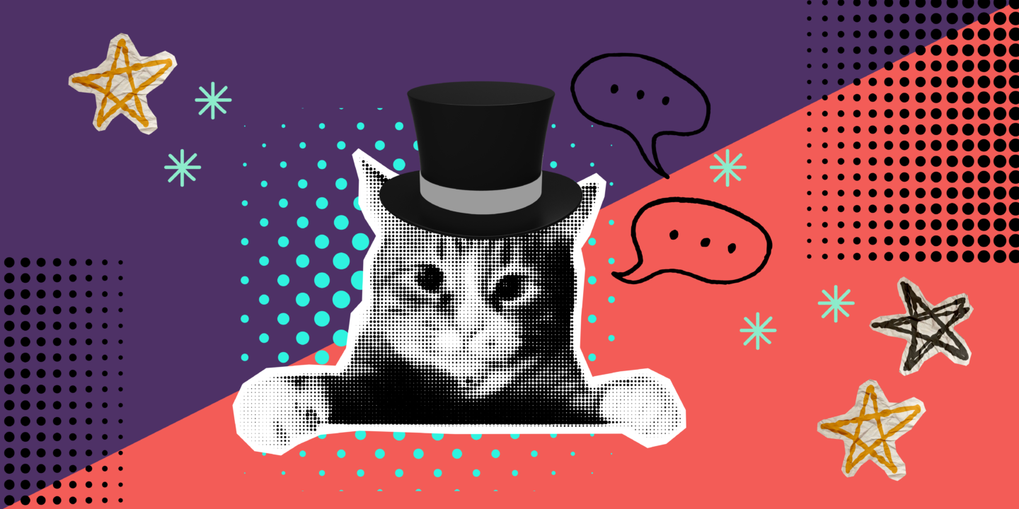 Un chat portant un chapeau avec des bulles de pensée près de sa tête.