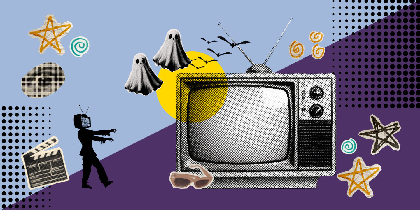 Un collage d’une vieille télévision, de lunettes de soleil, d’une lune avec des fantômes et des chauves-souris, de l’œil d’une personne et d’un zombie avec une tête en forme de télévision.