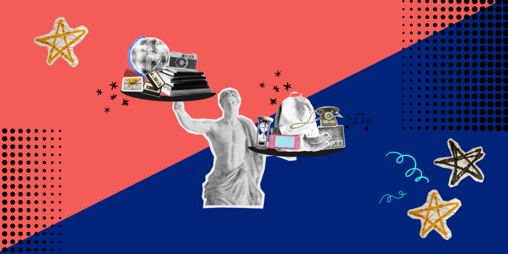 Un collage d’une statue essayant de tout porter.