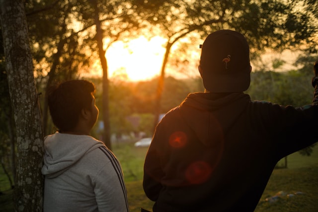 Deux hommes appuyés contre des arbres, regardant le soleil.